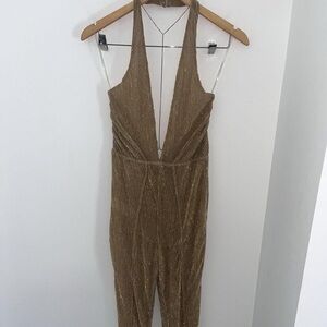 House of CB Gold Glittery Deep V plunge neck jumpsuit